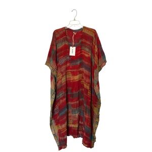 Sun Child Silk Kaftan Boho Kantha Wide Sleeves V Neck Kimono Dress One Size NWT